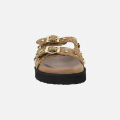 Sandalias de hebillas en serraje camel con pedrería