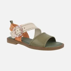 Sandalias de piel con pespuntes y hebilla nacarada