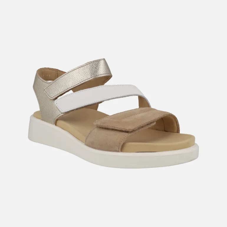 Sandalias de piel en blanco-camel-oro con cierre de velcros