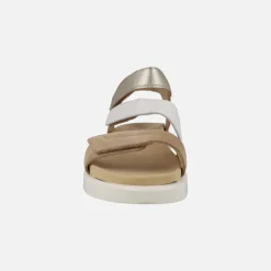 Sandalias de piel en blanco-camel-oro con cierre de velcros