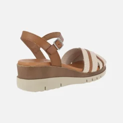 Sandalias de piel en marrón y beige con cierre al tobillo