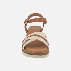 Sandalias de piel en marrón y beige con cierre al tobillo