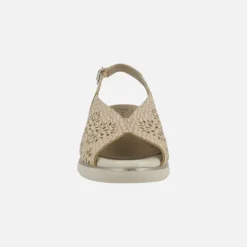 Sandalias de piel grabada beige con destellos oro y troquelados