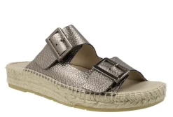 Sandalias de piel metalizada con doble hebilla y piso de esparto