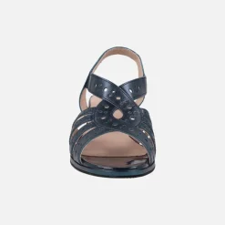 Sandalias de tacón en piel metalizada azul marino