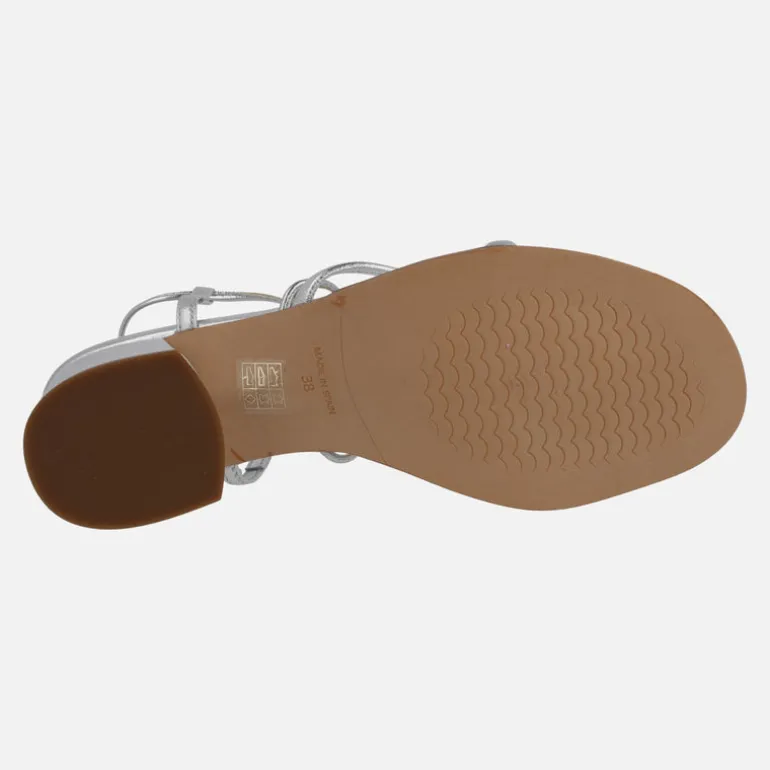 SANDALIAS DE TACÓN GRECIA EN PIEL METALIZADA CON TIRAS Y CINTAS