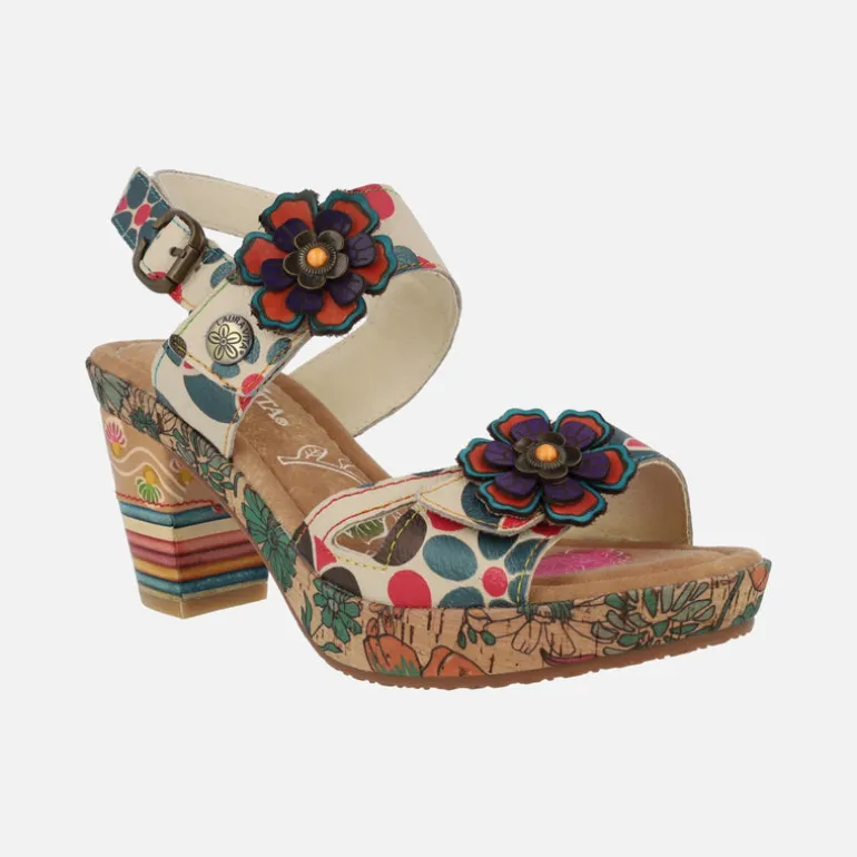 Sandalias de tacón Nellao 15 Beige con motivos florales y velcros