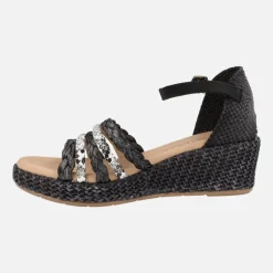 Sandalias de tiras combinadas con pulsera al tobillo y cuña de rafia