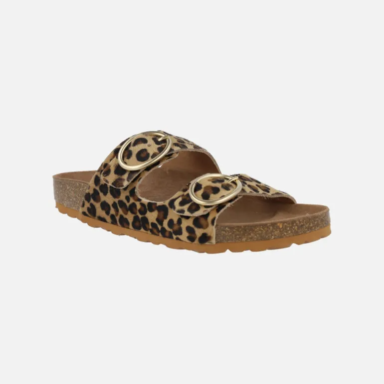 Sandalias estilo bio en piel animal print leopardo con hebillas doradas