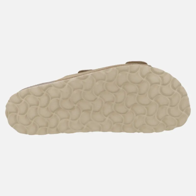 Sandalias estilo bio en serraje taupe con hebillas doradas