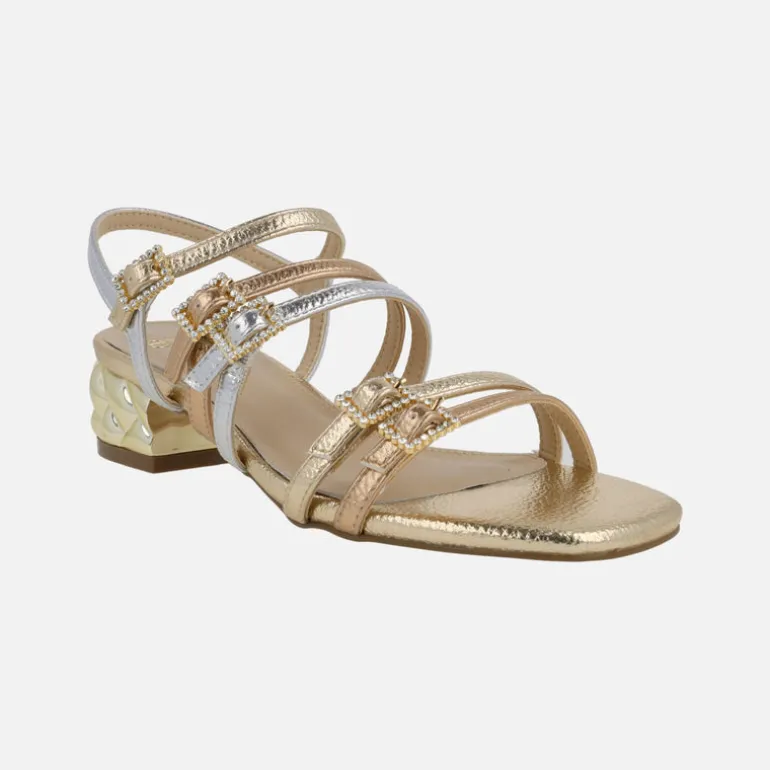 Sandalias joya Katy con tiras multicolor y tacón metálico