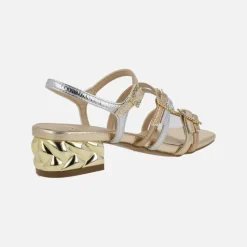 Sandalias joya Katy con tiras multicolor y tacón metálico
