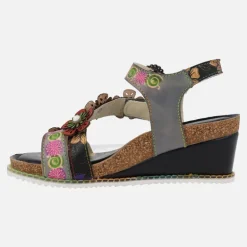 Sandalias Laura vita en piel negra con adorno de flores Bonito 524 Noir