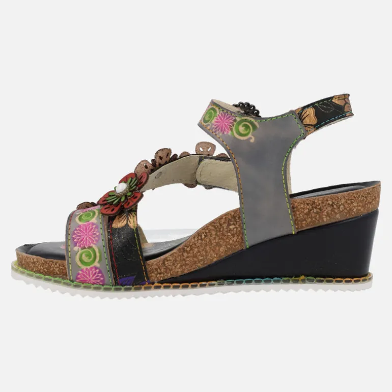 Sandalias Laura vita en piel negra con adorno de flores Bonito 524 Noir