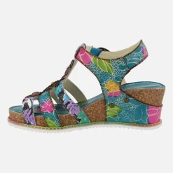 Sandalias multicolor con adorno de flores y cuña de corcho Bonito 30 Turquoise