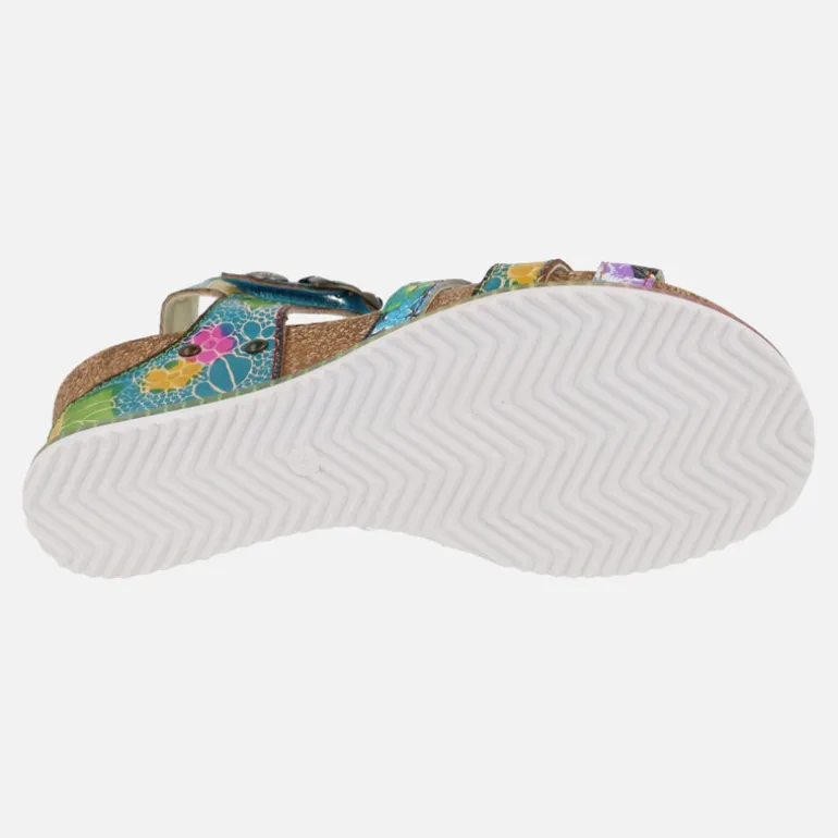 Sandalias multicolor con adorno de flores y cuña de corcho Bonito 30 Turquoise