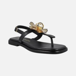 Sandalias negras de dedo con adorno de flor dorada
