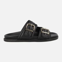 Sandalias negras de piel con dos tiras anchas con hebillas Isabela
