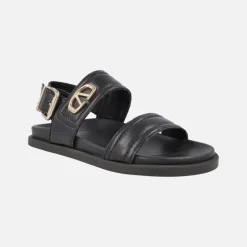 Sandalias negras de piel Isabela con adorno metálico dorado