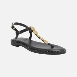 Sandalias negras de piel para dedo con adorno de monedas