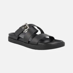 Sandalias negras de piel con tiras anchas y hebilla dorada
