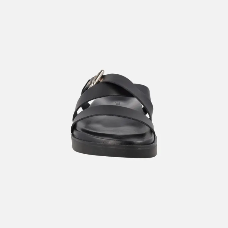Sandalias negras de piel con tiras anchas y hebilla dorada