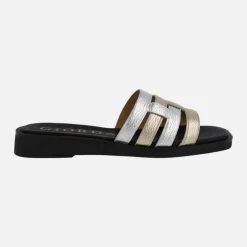 Sandalias planas de piel en combinado de metalizados