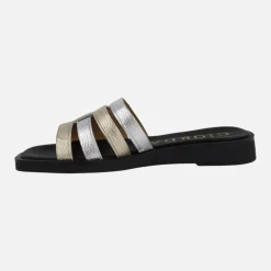 Sandalias planas de piel en combinado de metalizados