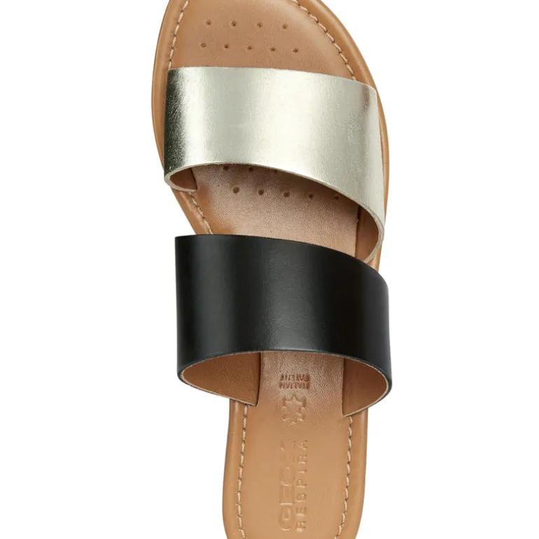 Sandalias planas de piel bicolor negro oro Sozy