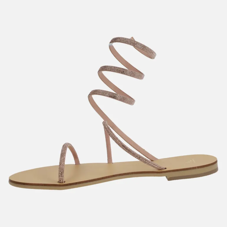 Sandalias planas de strass con tira en espiral ajustable al tobillo