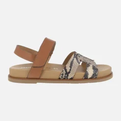 Sandalias Saro en combinado de piel marrón y print serpiente