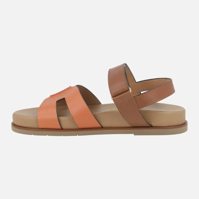 Sandalias Saro en combinado de piel marrón y naranja