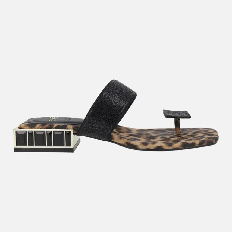 Sandalias Summer con planta en print leopardo y detalles en strass negro