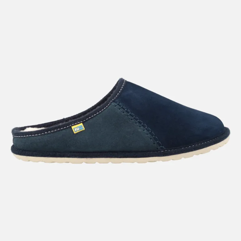 Zapatillas de casa para hombre en piel serraje azul con forro de lana