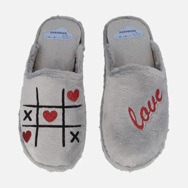 Zapatillas de casa para mujer Tres en Raya de corazones gris