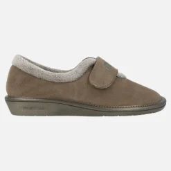 Zapatillas de casa para mujer en ante taupe con cierre de velcro