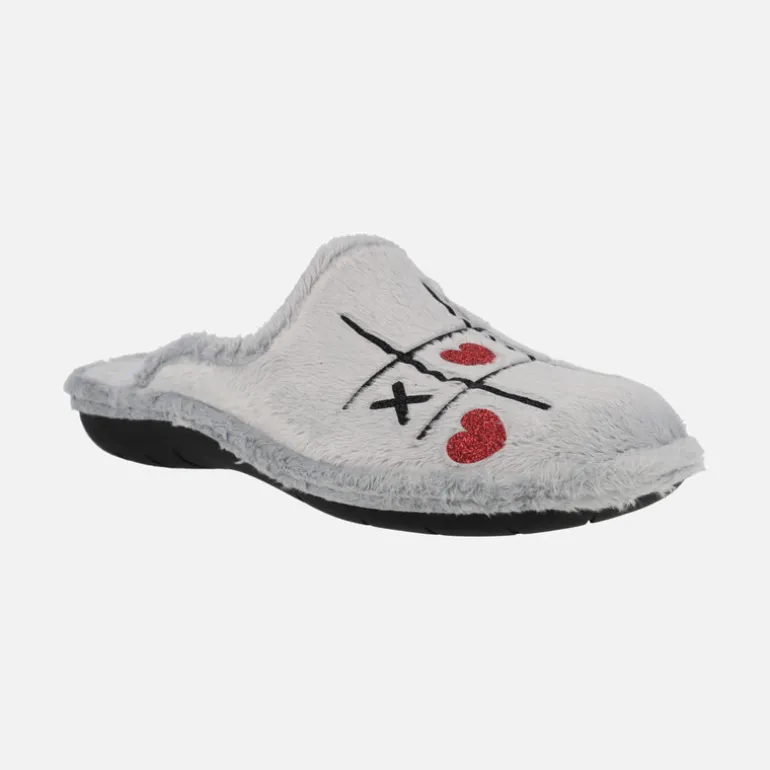 Zapatillas de casa para mujer Tres en Raya de corazones gris