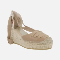 Zapatillas de esparto en piel camel con cintas