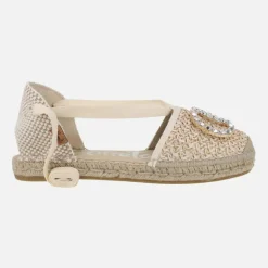 Zapatillas de esparto planas con adorno joya y cintas