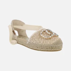 Zapatillas de esparto planas con adorno joya y cintas