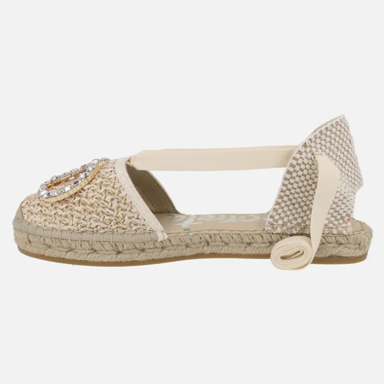Zapatillas de esparto planas con adorno joya y cintas