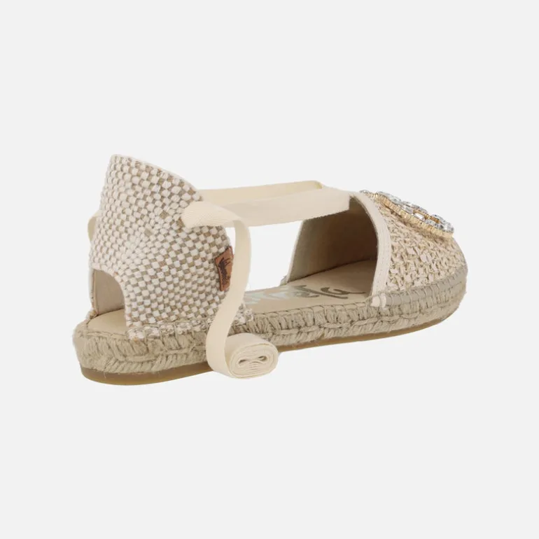Zapatillas de esparto planas con adorno joya y cintas