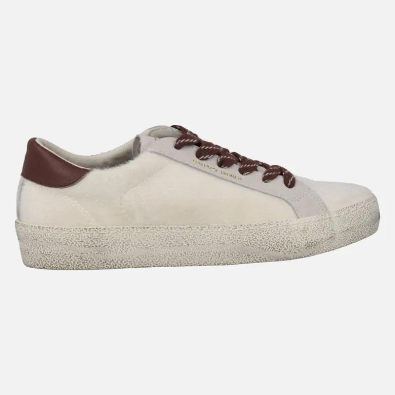 Zapatillas deportivas para mujer en pelo beige con detalles burdeos Rano