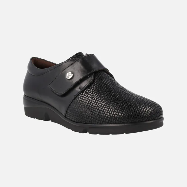 Zapatos confort para mujer en piel negra con cierre de velcro