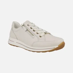 Zapatos deportivos en piel beige con cordones y cremallera