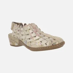 Zuecos confort en piel beige con estampado multicolor