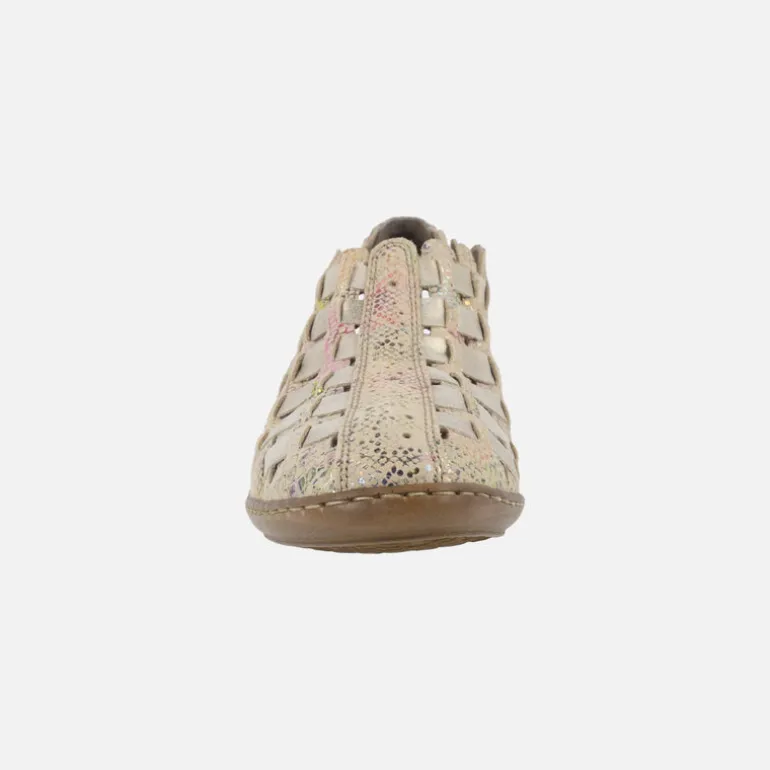 Zuecos confort en piel beige con estampado multicolor